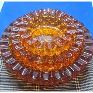 3) Vintage Fenton Style Amber Glass Ashtray Lot- Hobnail Amber Glass- Unmarked